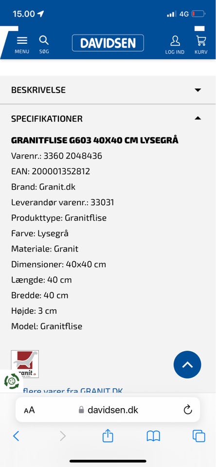 Granitsten b: 40 l: 40 100 stk