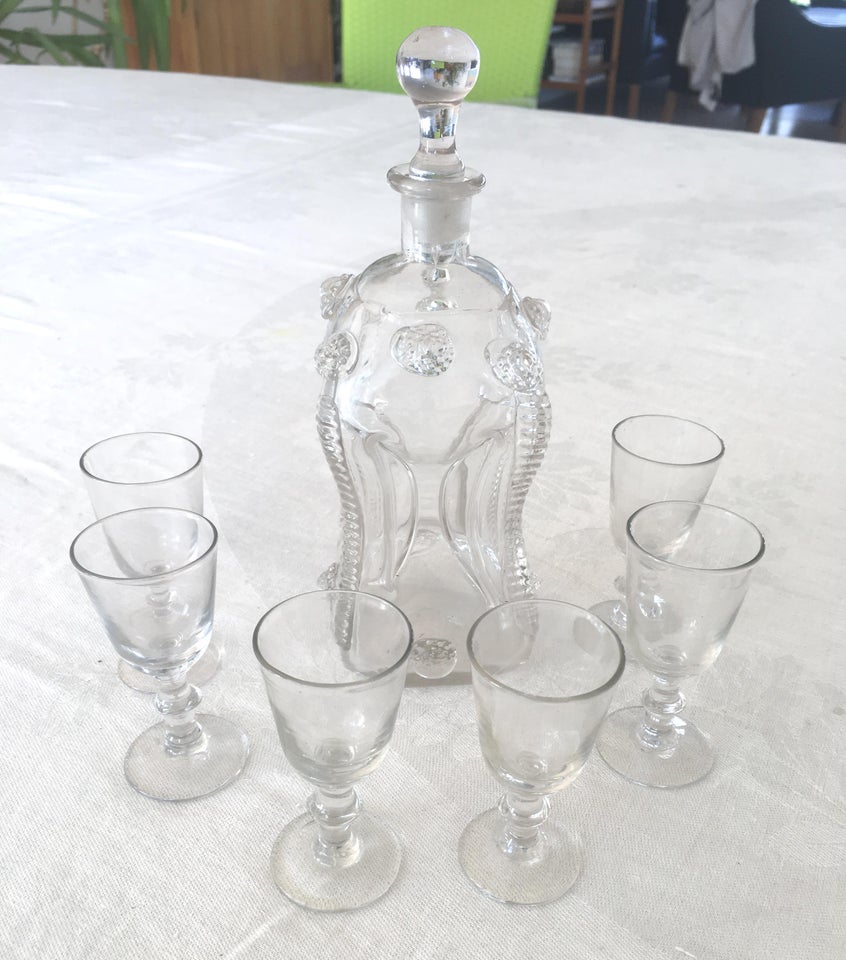 Glas, Antik Klukflaske + 6 glas