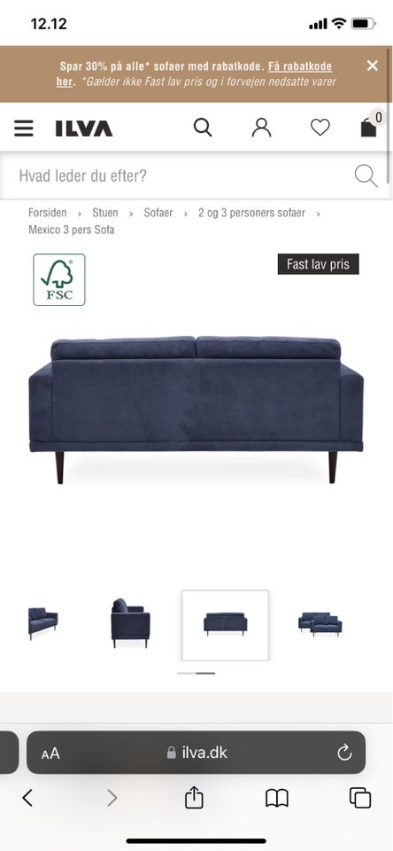 Sofa fløjl 3 pers