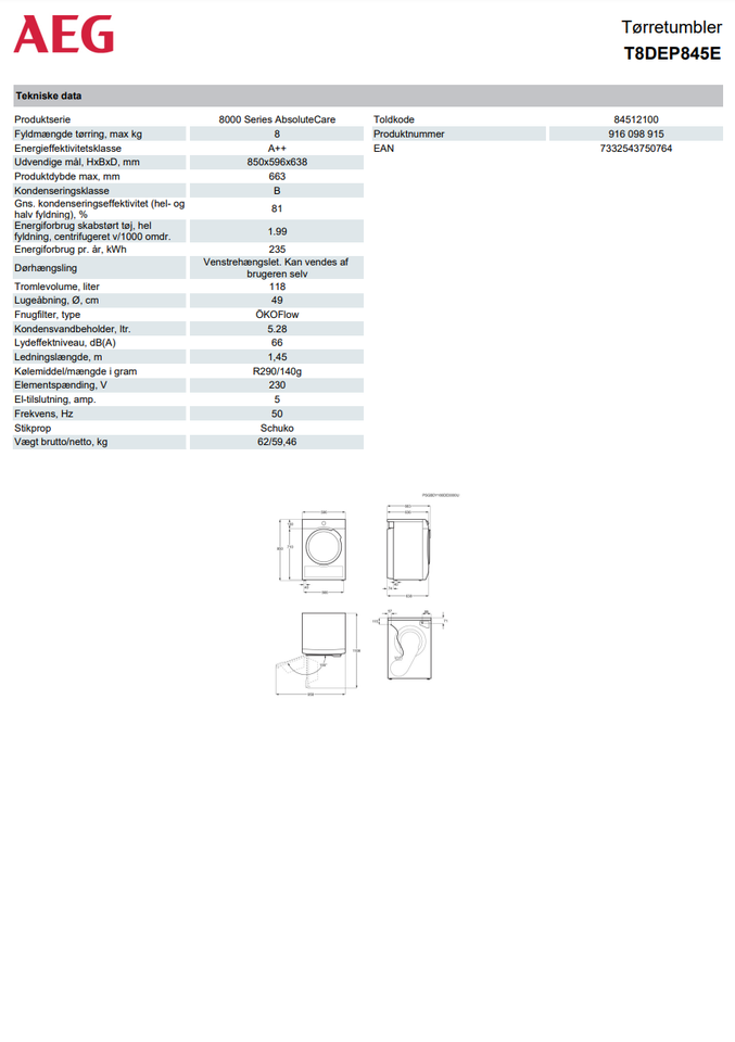 Tørretumbler, AEG T8DEP845E,