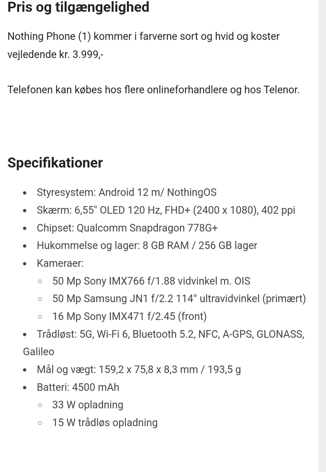 Andet mærke Nothing phone 1 256 GB 