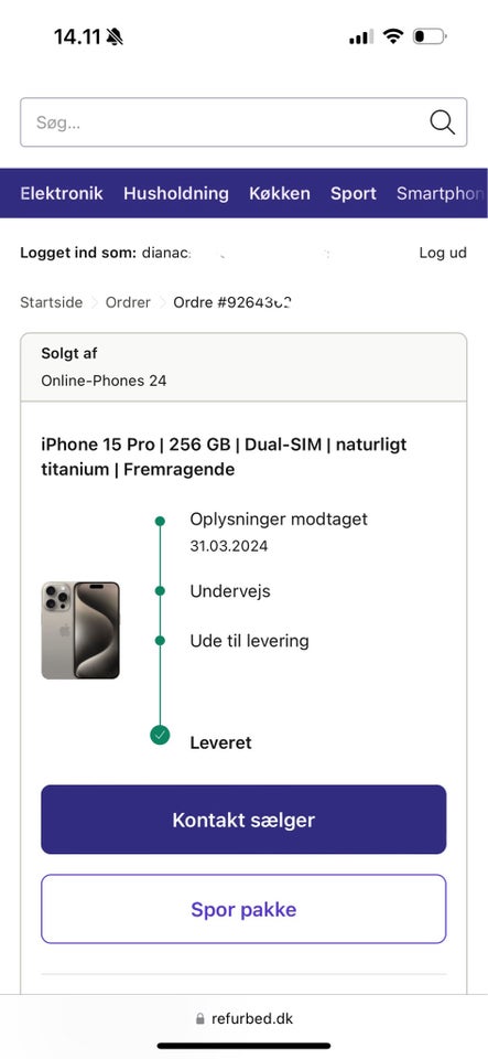 iPhone 15 Pro, 256 GB, grå