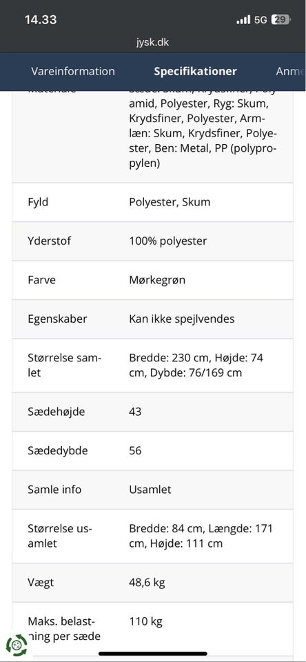 Chaiselong, polyester, 3 pers.