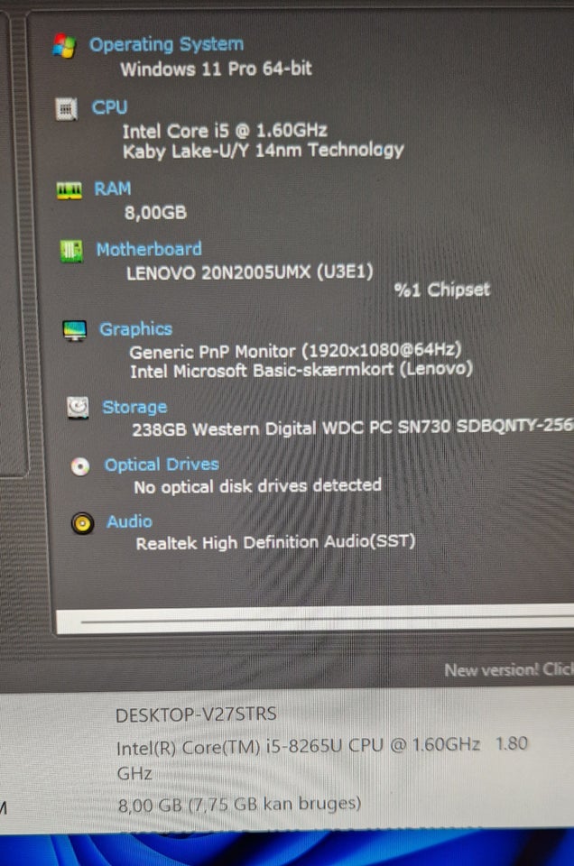 Lenovo T490, i5-8265U GHz, 8 GB ram