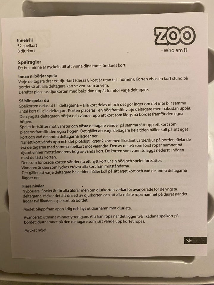 ZOO, Familiespil , kortspil