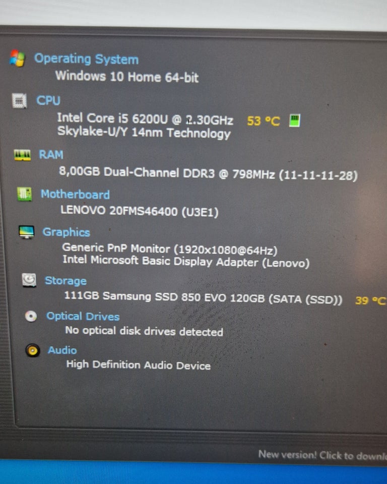 Lenovo T460, i5-6200U GHz, 8 GB ram