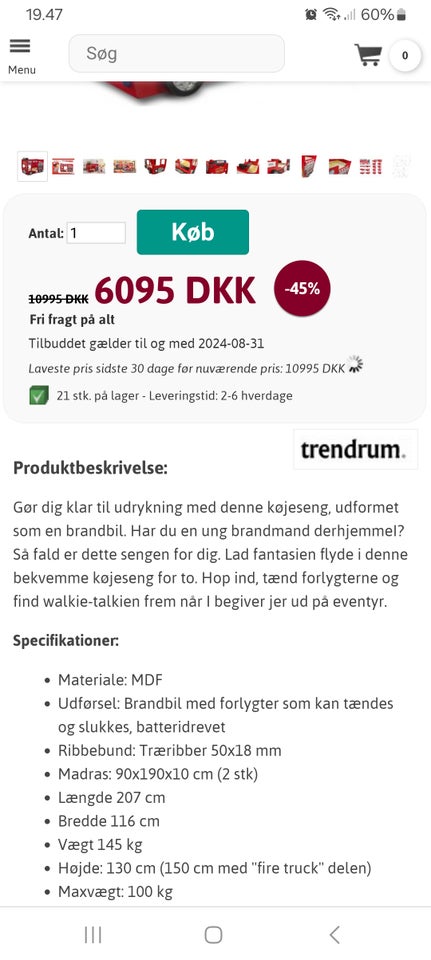 Køjeseng Super flot brandbil