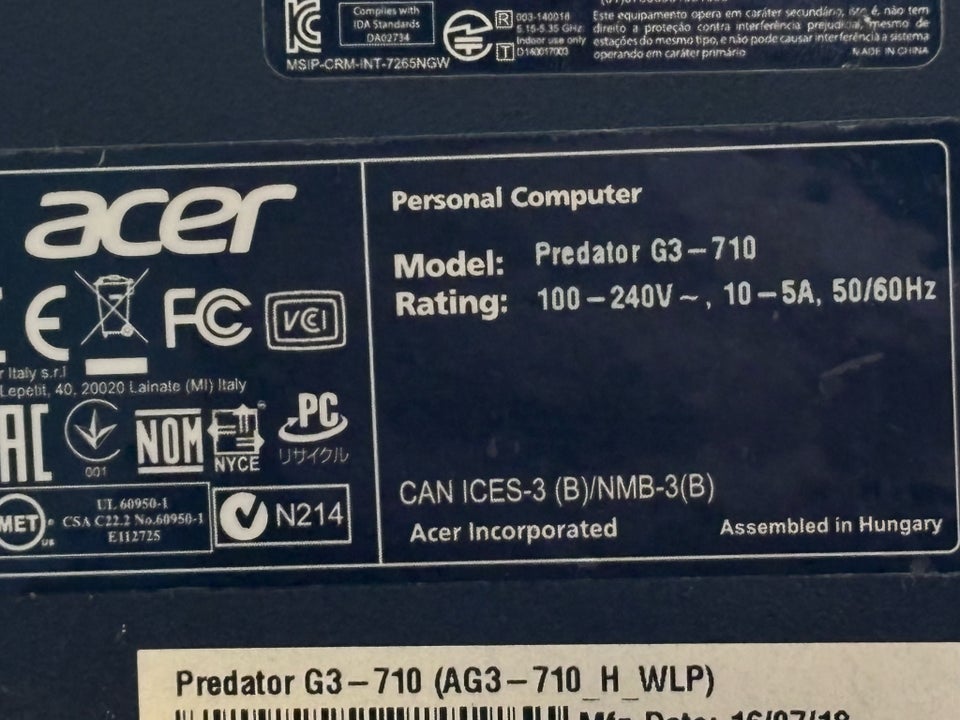 Acer Predator g3-710 Intel core