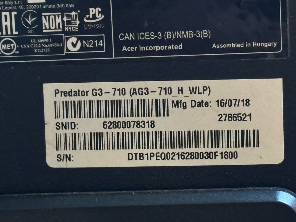 Acer Predator g3-710 Intel core