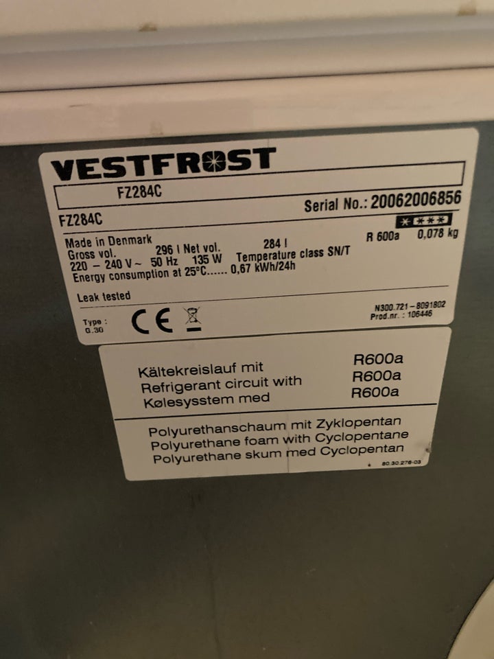 Kummefryser, Vestfrost FZ 284 C,