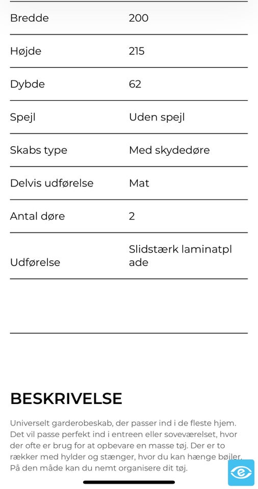 Garderobeskab, b: 200 d: 62 h: 215