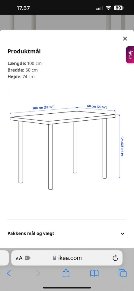 Skrive-/computerbord, Ikea, b: