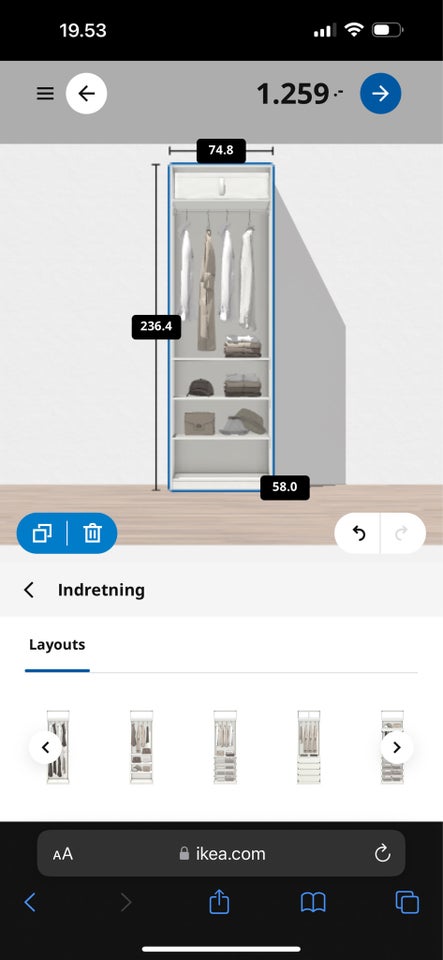 Garderobeskab Ikea  b: 75 d: 50 h: