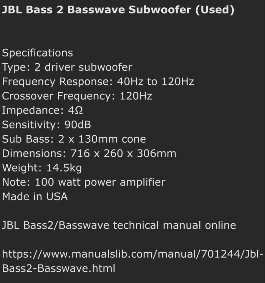 Højttaler, JBL, Bass2 subwolfer