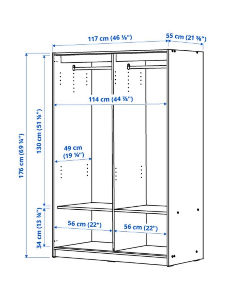 Klædeskab, Ikea, b: 117 d: 55 h: 176