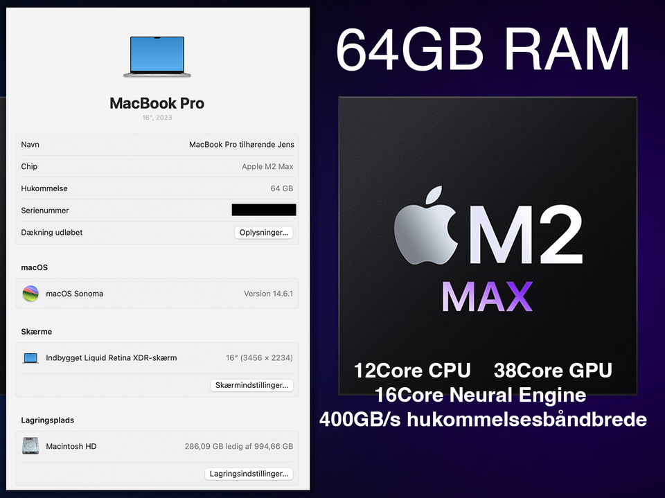 MacBook Pro, M2 Max + 64GB ram,