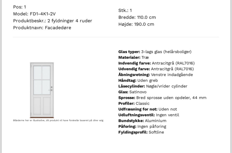 Facadedør, træ, b: 110 h: 190