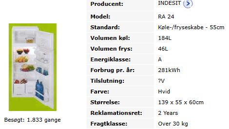 Køle/fryseskab, Indesit RA24, 273