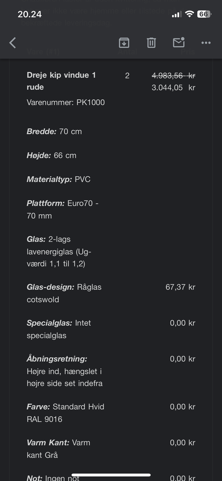 Vippevindue, plast, b: 70 h: 68