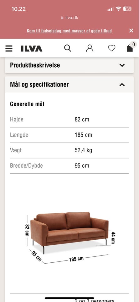 Sofa, læder, anden størrelse