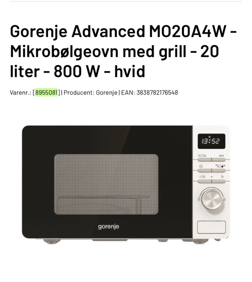 Kombiovn, Gorenje MO20A4W, b: 45 d: