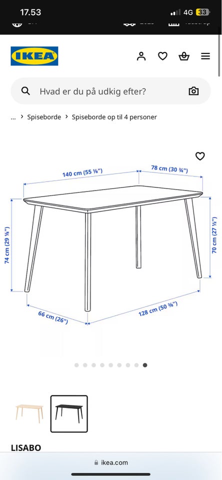 Spisebord, Ikea, b: 78 l: 140