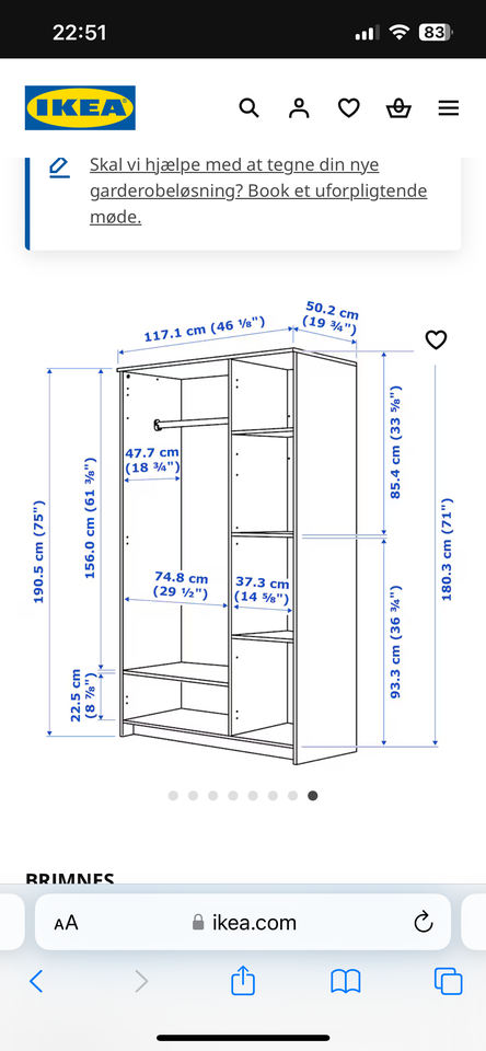 Garderobeskab, Ikea, b: 117 d: 50 h: