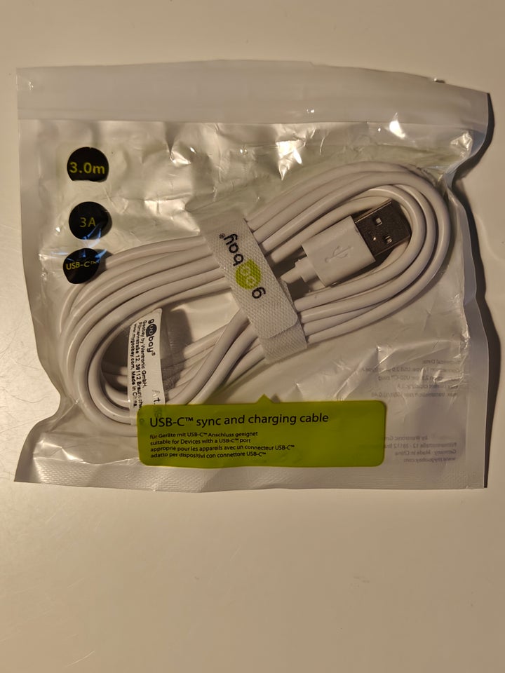 Kabel, 3m. Goobay Hvid USB-A til