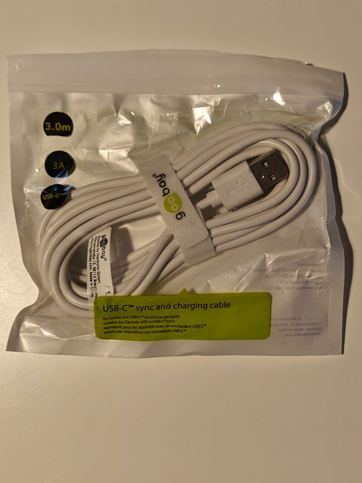 Kabel, 3m. Goobay Hvid USB-A til