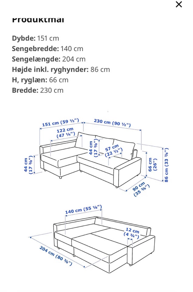 Sovesofa Ikea b: 151 l: 230 h: 86