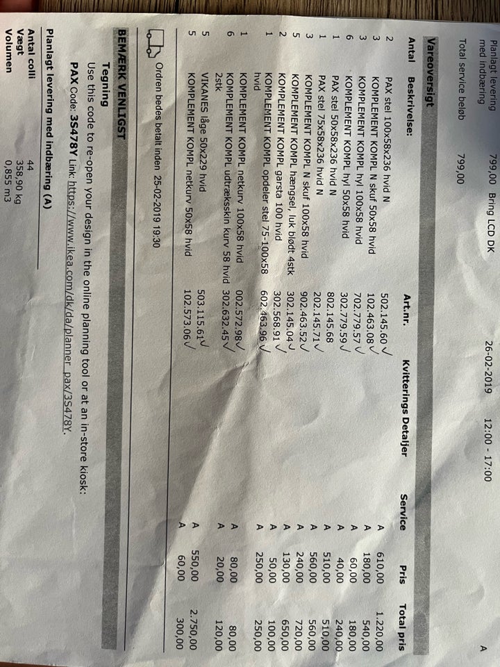 Klædeskab PAX b: 100 d: 58 h: 236