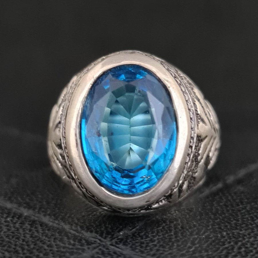 HÄFTIGT DESIGN HANDGJORD SILVERRING MED TOPAZ STEN, ART DECO