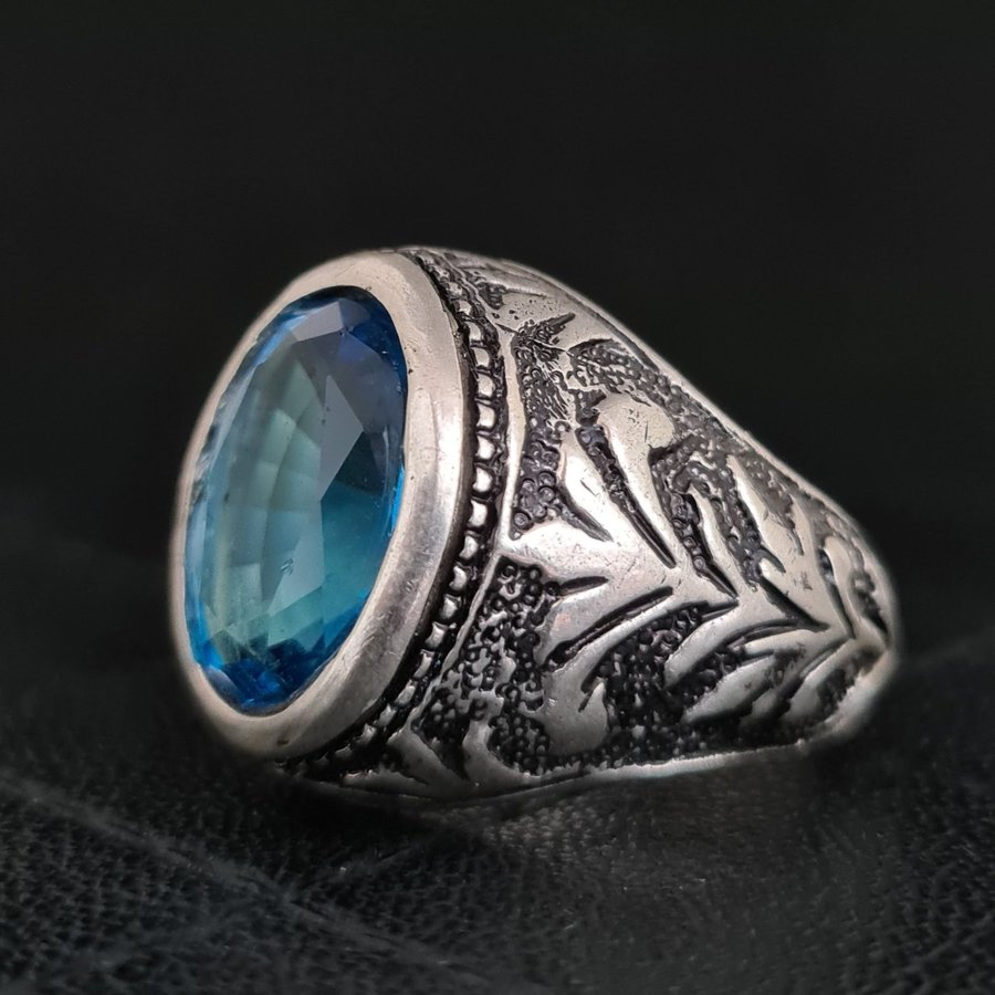 HÄFTIGT DESIGN HANDGJORD SILVERRING MED TOPAZ STEN, ART DECO