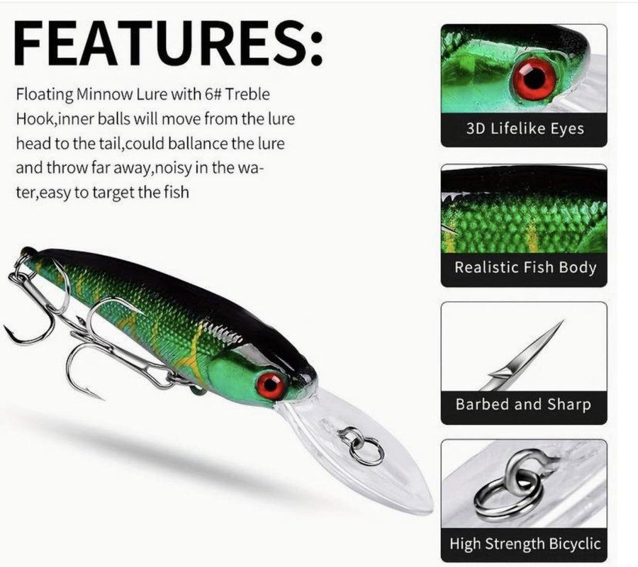 Bionic Minnow Fiskedrag flytande wobbler Längd = 95 cm (10 cm inkl sked) 9 gram