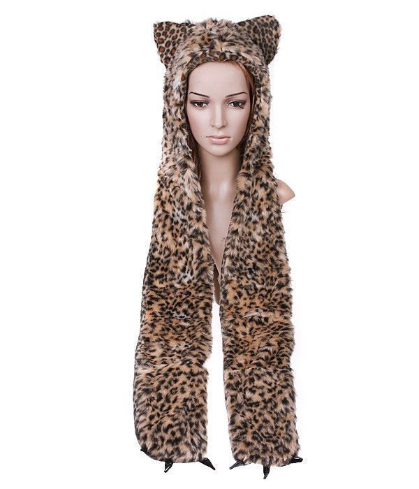 Mössa halsduk LEOPARD KATT fickor öron djurmössa hatt S M L XL *SNABB LEVERANS**