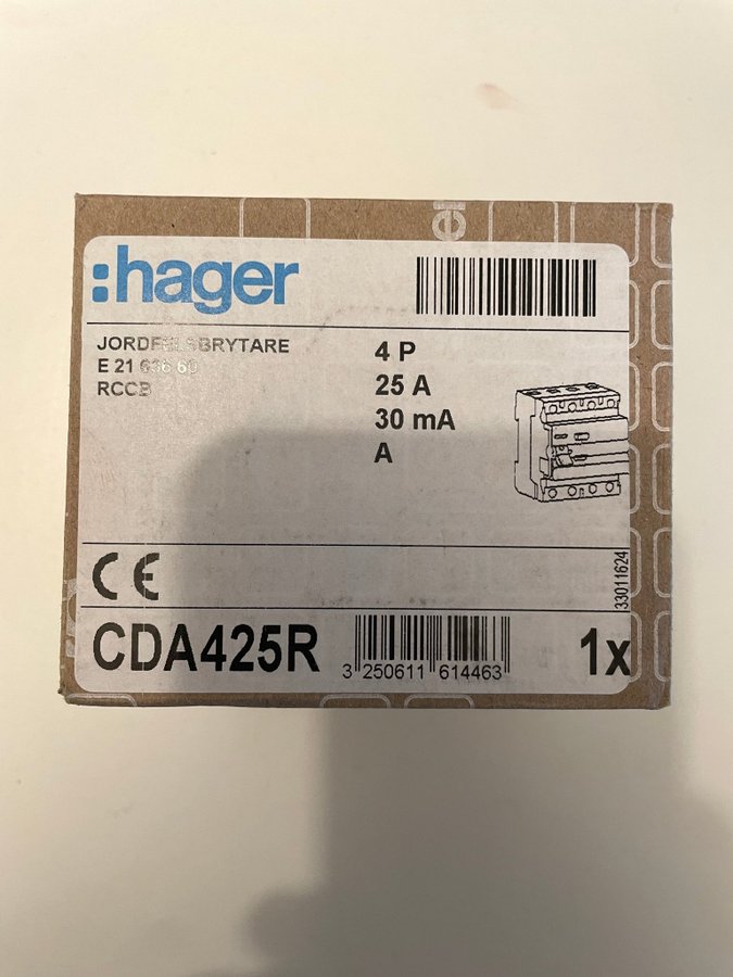 Hager Jordfelsbrytare CDA425R 4P 25A 30mA