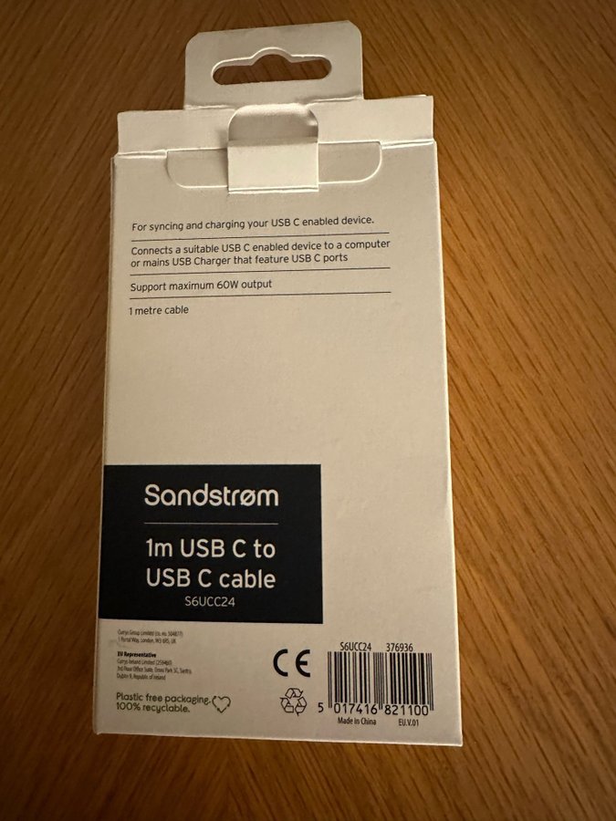 Sandstrom 1m USB C till USB C-kabel