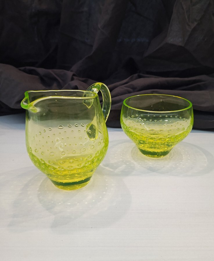 Riihimäen lasi sugar and cream jug , uranium glass