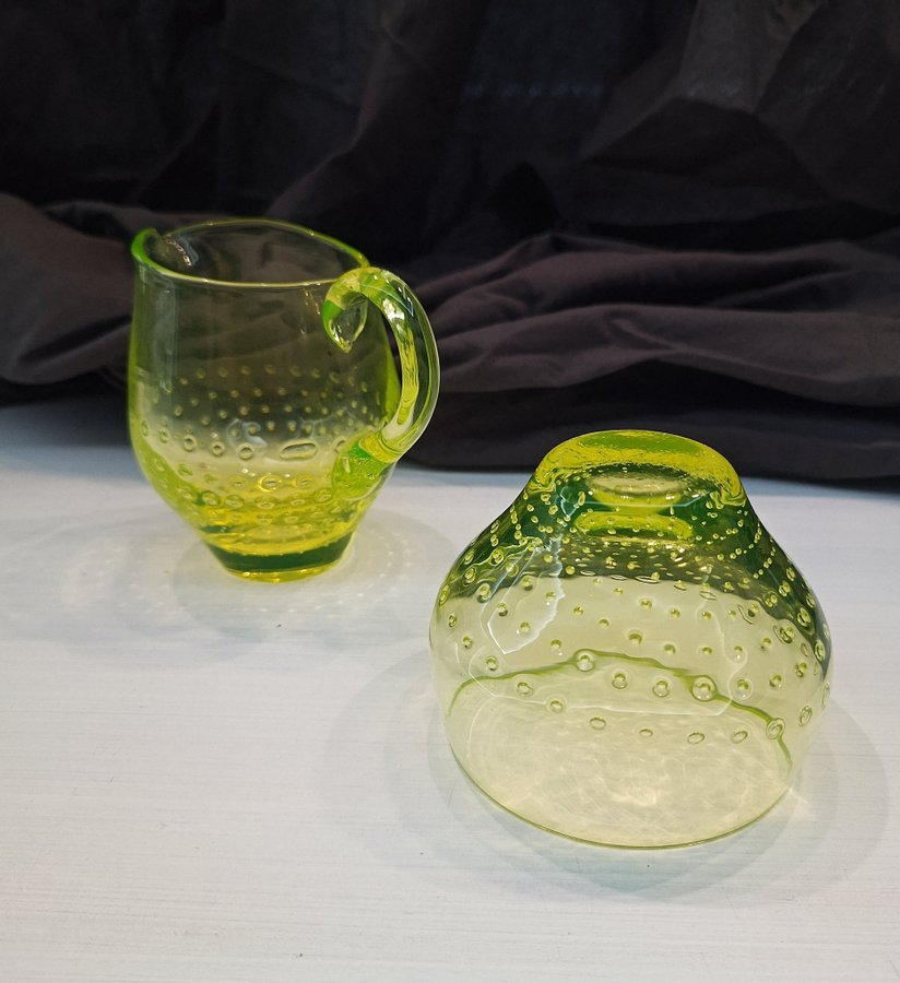 Riihimäen lasi sugar and cream jug , uranium glass