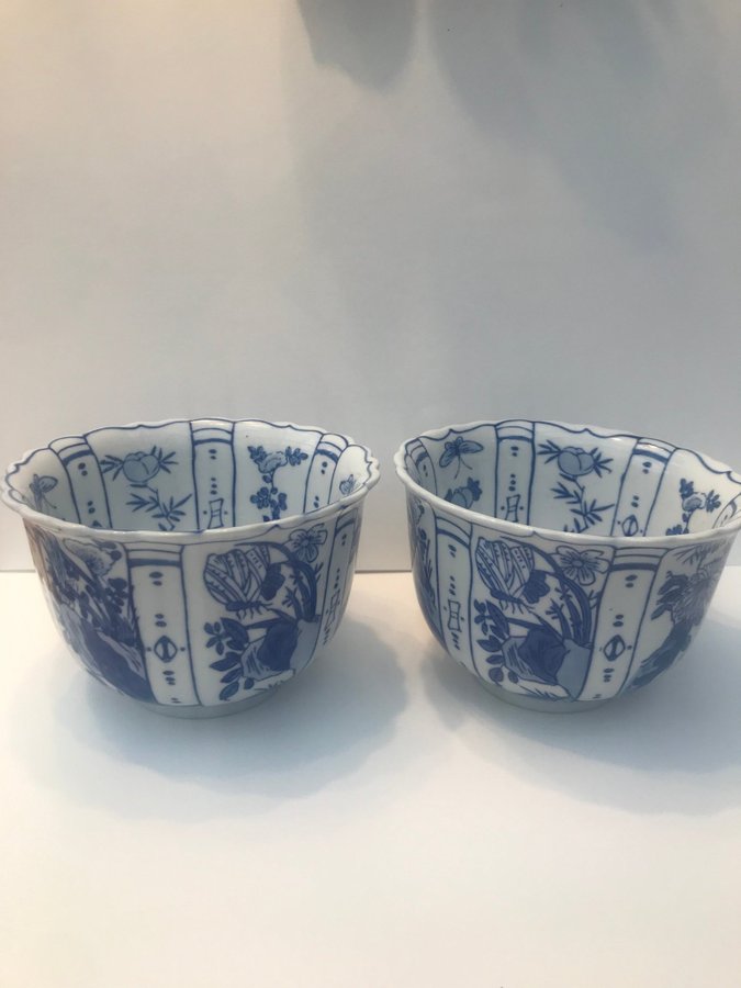 2 st Vintage Chinese Kraak blå  vit porslin skål Ming Bird Berry