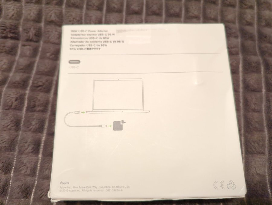 Original Apple 96 W usb-c-strömadapter, ny i förpackning, modell nr: MW2L3ZM/A