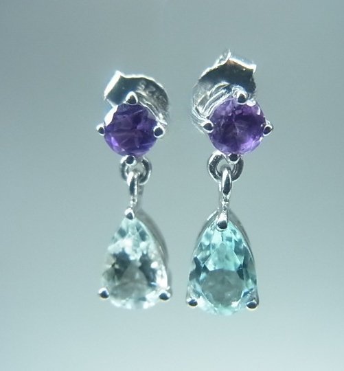 DESIGNER AMETYST OCH BLÅ TOPAZ ÖRHÄNGEN SILVER 925 / AMETHYST UND TOPAS OHRRINGE