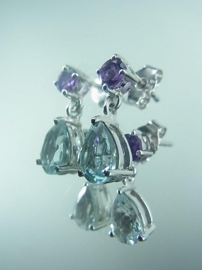 DESIGNER AMETYST OCH BLÅ TOPAZ ÖRHÄNGEN SILVER 925 / AMETHYST UND TOPAS OHRRINGE