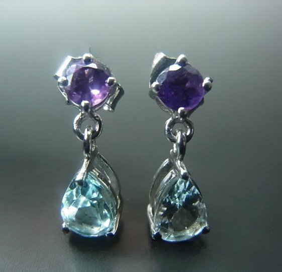 DESIGNER AMETYST OCH BLÅ TOPAZ ÖRHÄNGEN SILVER 925 / AMETHYST UND TOPAS OHRRINGE