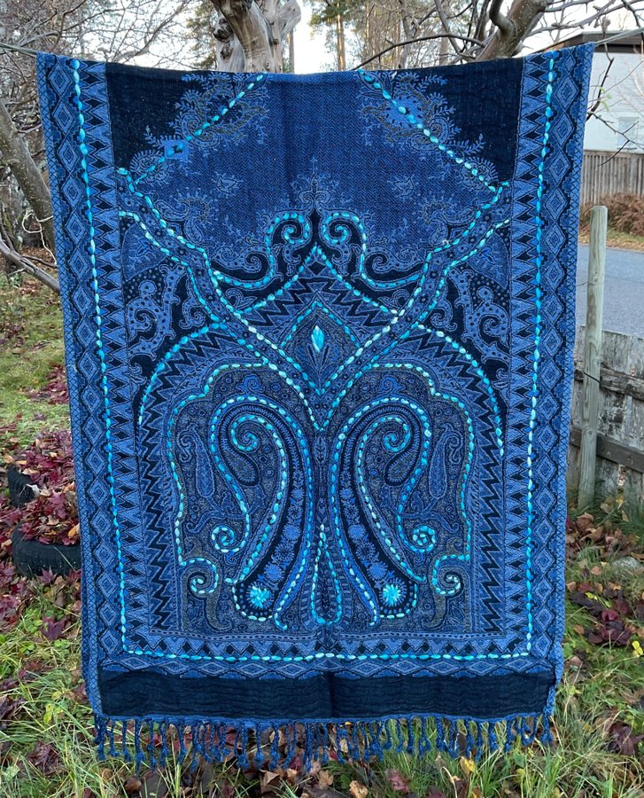 Ny Handbroderad Sjal Halsduk av 100% Kokt Ull från Nepal, ca 200 x 75 cm No.8