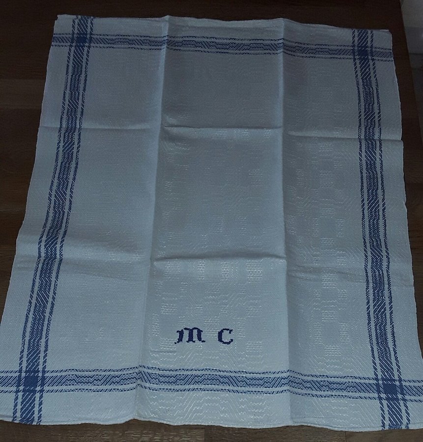 3 äldre FINA KÖKSHANDDUKAR LINNEHANDDUKAR Blå bård handbroderat monogram MC