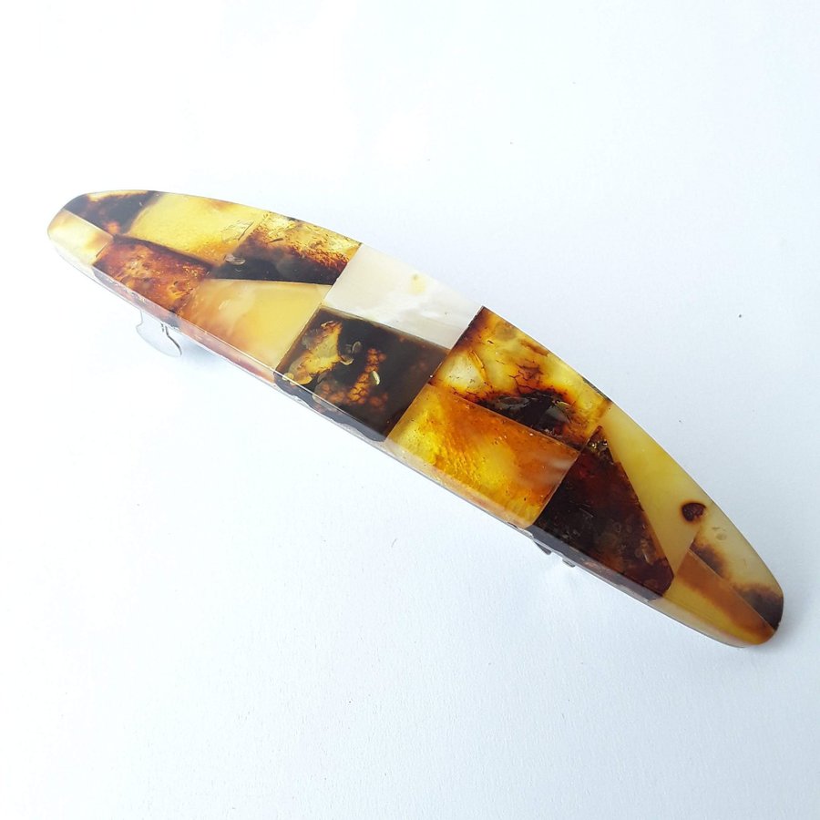 Amber Hair Clip Barrette decorated with Baltic amber mosaic colorful gemstone