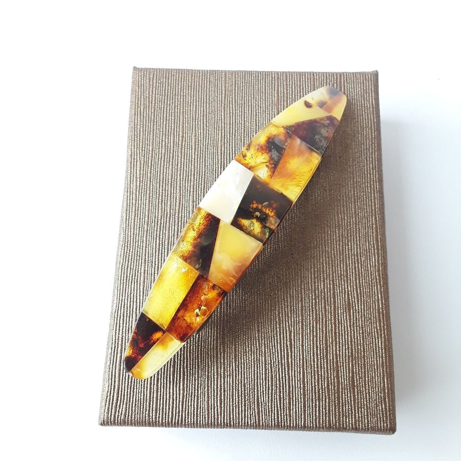 Amber Hair Clip Barrette decorated with Baltic amber mosaic colorful gemstone