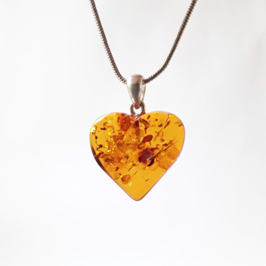 Baltic amber heart pendant necklace Brown gemstone heart on silver color chain