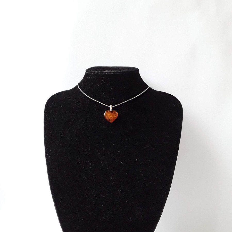 Baltic amber heart pendant necklace Brown gemstone heart on silver color chain